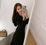 Winter Women Solid Knee-Length Knit Sweater Dress Ruffled Sleeves Slim Dress Elegant Ladies Party Dress