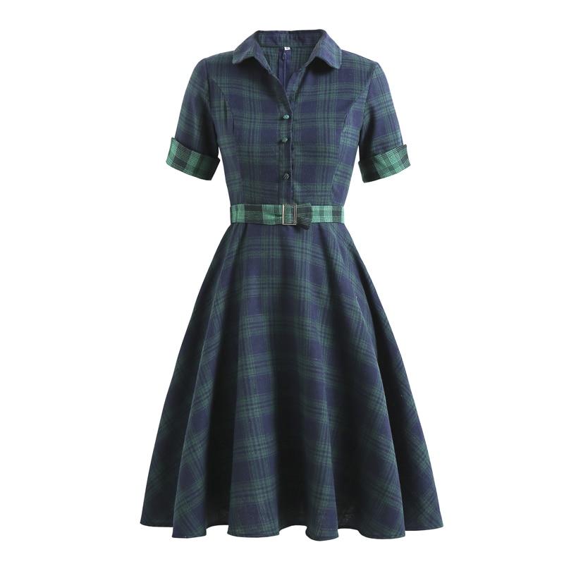 Blue and Green Plaid Vintage Women Button Up Tunic Shirt Dress with Belt Spring 2021 Cotton Elegant Ladies Midi Swing Dresses
