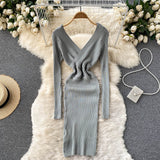 Autumn Winter Mini Crossover V Neck Long Sleeve Elegant Ribbed Knitted Dress Sexy Bodycon Dress