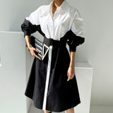 Women Patchwork A-line Dress Autumn Ladies Vestidos Single-breasted Full Sleeve Belted Female Dresses