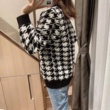 Women V Neck Black Houndstooth Cardigan Long Sleeve Knitted Loose Oversize Jumper Sweaters