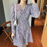 New 2021 Women Spring Summer Dress Casual  Bandage V-Neck High Waist Daisy Print Floral Vintage Fashionable Mini Dress