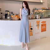 Summer 2021 Satin Dress Woman Sleeveless Spaghetti Strap Evening White Black Party Wedding Vintage Pure Long  Dresses