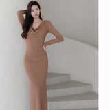 Women  Long Sleeve  Autumn Plie Neck Ruched  Bodycon Slim Dress Office Ladies Party Sexy Ankle-Length Vestidos Femme Clothes