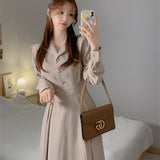 Spring Women Notched Collar Dress Puff Sleeve High Waist Female Midi Dress Elegant A-Line Vestidos