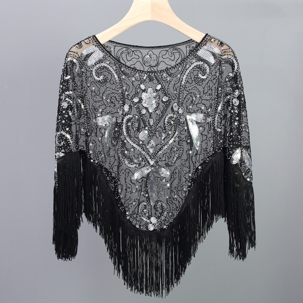 Vintage Evening Cape 1920s Flapper Dress Accessories Shawls Scarves Wraps Poncho Sequin Beaded Fringe Cover Up