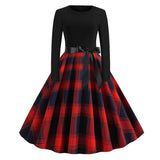 Red Plaid Elegant Long Sleeve Casual Retro 50s Robe Autumn Winter O Neck High Waist Vintage Swing Dress
