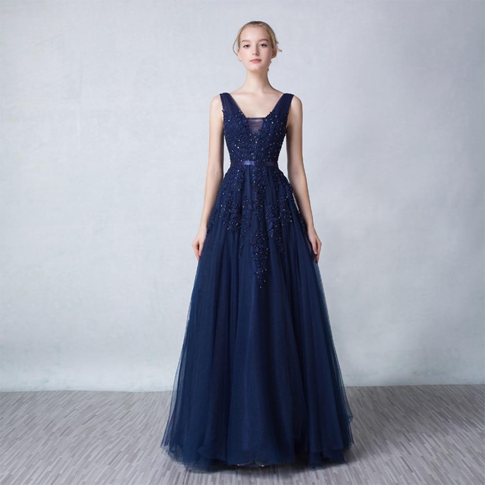 Sexy V-neck Evening Dress Robe De Soiree Tulle With Applique Party Dress Lace Beading Floor-length Prom Dress Bride Banquet Eleg