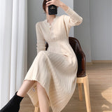 Women's Midi Knitting Dress Spring Autumn Female Slim V-Neck Lady Bottoming Pleated Sweater Dresses Vestidos