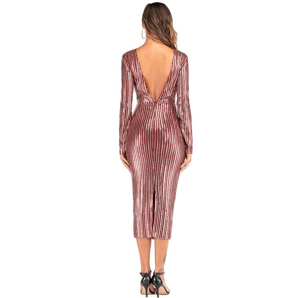 Champagne gold Evening Dress Sexy Backless Formal Dress Elegant Long Sleeve Sequins Women Party Dress