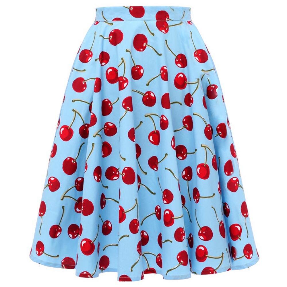 2021 Summer High Waist Swing Skirts Womens Cotton Cherry Print Floral Swing Pin-up 50s Retro Vintage Skirts School Jupe Femme