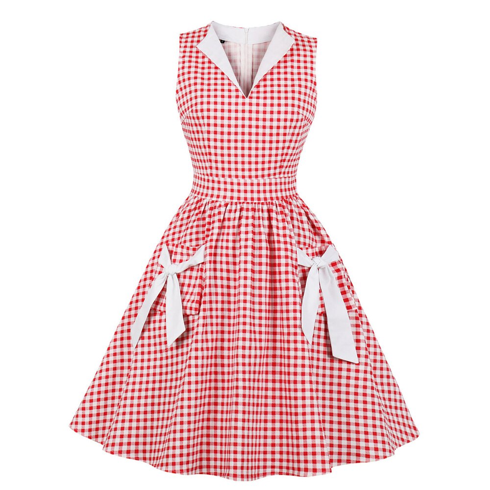 Vintage 50s 60s Retro Cotton Sleeveless Bowknow Robe Pin Up Swing Plaid Women Casual Dresses