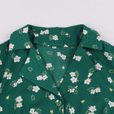 Bohemian Notched Collar Button Up Floral Green Elegant Summer Shirt Dress 50s Women Sleeveless Casual High Waist Vintage Dresses