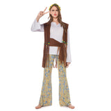 Adult Women Funny Vintage Hippie Tassel Floral Printed Costume Hippy Brown Clothes Outfit For Ladies