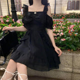 Summer Kawaii Gothic Dress Women Vintage Fungus Sweet French Hepburn Dress Female Korean Casual Elegant Black Party Dress 2021