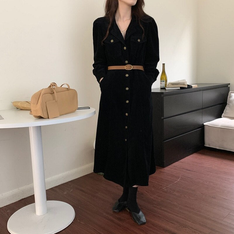 Office Notched Lapel Belted Midi Dress Autumn Winter Long Sleeve Button Up Corduroy Dress
