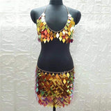 2 Piece Set Shiny Sequins Geometric Matching Sets Low Cut Halter Backless Tops Patchwork Mini Skirt Rave