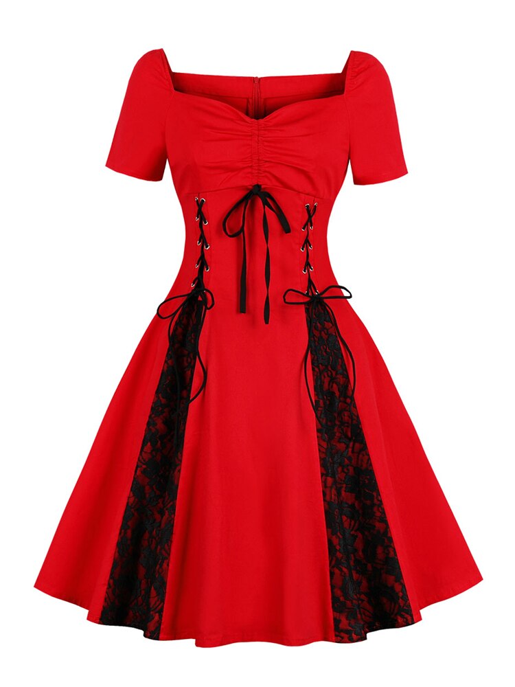 Square Neck Lace-Up High Waist Vintage Rockabilly Black Women Contrast Lace A Line Cotton Gothic Emo Dress