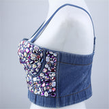 Winter Short Crop Tank Woman Top With Cups Off Shoulder Strap Corset Top Sexy Acrylic Denim Nightclub Clothing