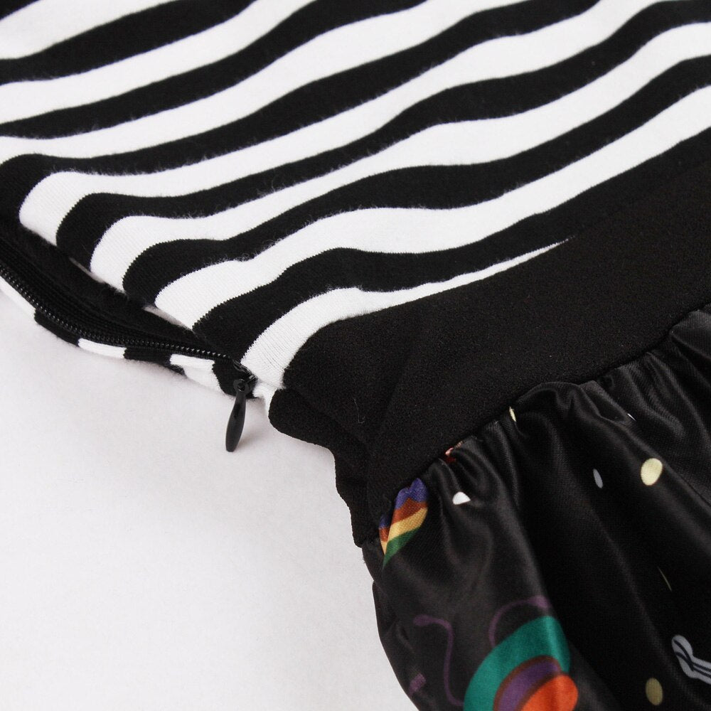 Elegant Vintage Striped Print Patchwork Short Sleeve Robe Pin Up Retro Party Dress