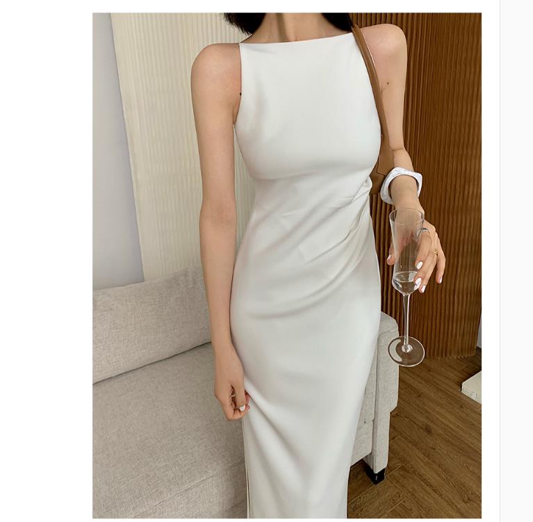 2021 New Women Summer Clothes Spaghetti Strap Sleeveless Sexy Elegant Black White Party High Slit Dress
