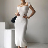 Summer 2021 Women Korean Slim Split Long Sweater Dress Short Sleeve Sexy Knitting Dress