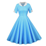 Button Front Polka Dot Vintage High Waist Elegant V Neck Short Sleeve Casual Retro Swing Dress