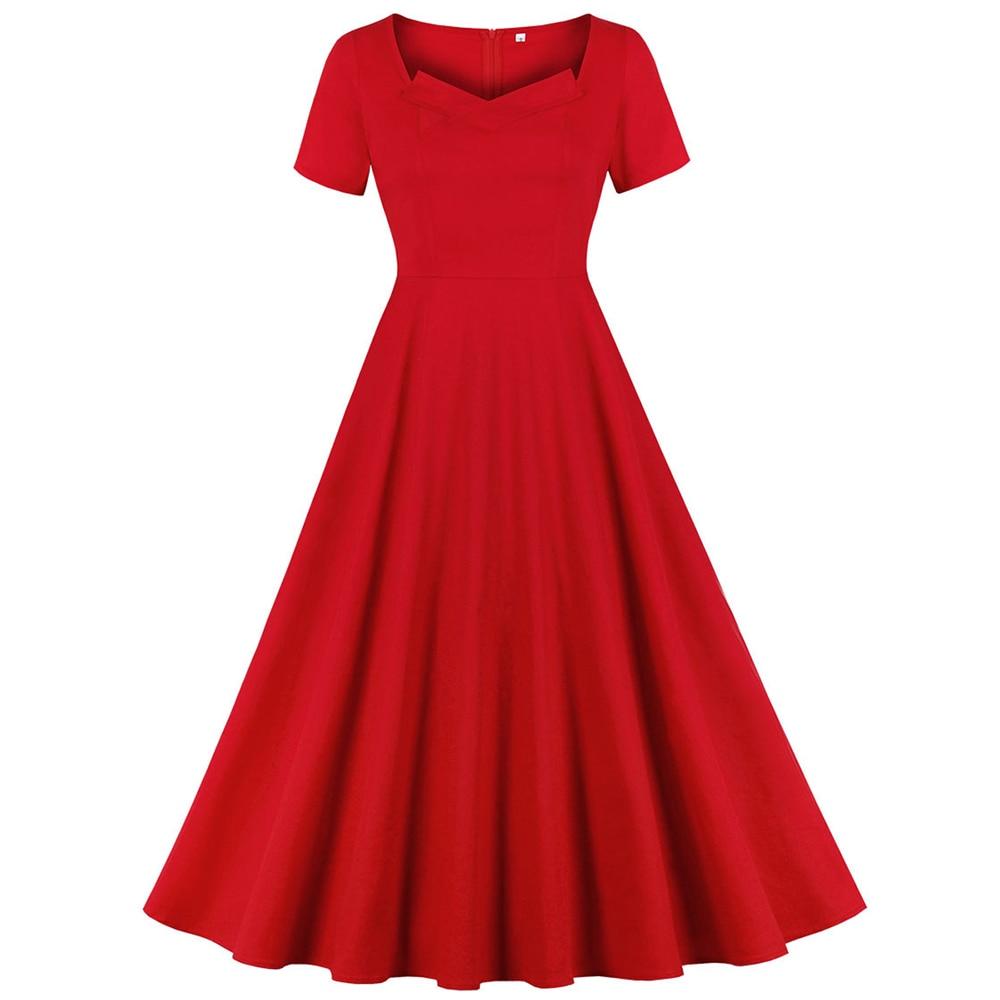 Red Women Retro Vintage Tunic Midi Summer Dress 50s 60s Solid Color Big Swing A Line Cotton Rockabiily Swing Sundress For Party