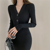 Elegant V-Neck Single-Breasted Women Solid Sweater Dress OL Style Long Sleeve Knitted Slim Midi Dress