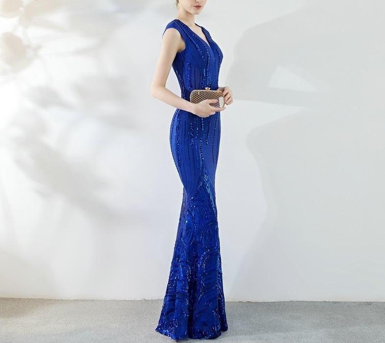 Royal Blue Sequins Evening Dress Elegant Beading Long Evening Party Dress