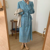 Women Vintage Loose Print Long Sleeve A-Line Maxi Vestidos Autumn Spring New Elegant Vintage Ruffles Dresses