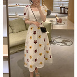 2021 Vintage Embroidery Sun Floral  Midi Dress Women Elegant  Puff Sleeve O Neck Clothes  New