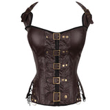 Women's Brown Black Lingerie Halterneck Corsets Bustiers Steampunk Zip Leather Corset Sexy Gothic Party Clubwear Corselet