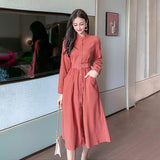 2021 Autumn Ladies Belted Long Dress Elegant Single-breasted Women Long Sleeve Solid Color Dress Office Ladies Vestidos