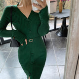 New Women V-neck Single-Breasted Knitted Dress Autumn Winter Female Sweater Dress Lady Vestidos