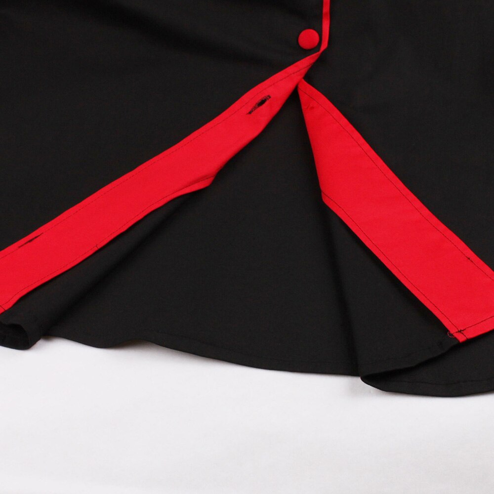 Women Cap Sleeve Black Red Patchwork Robe Pin Up Swing Office Button Dress With Pockets