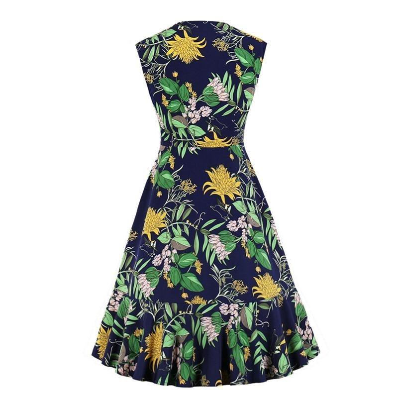 Botanical Print Vintage High Waist Elegant Ruffle Hem V Neck Single Breasted Sleeveless Summer Dress