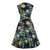 Botanical Print Vintage High Waist Elegant Ruffle Hem V Neck Single Breasted Sleeveless Summer Dress