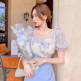 Summer Lace Floral Chiffon Blouse Women Designer Patchwork Korean Sweet Blouse Shirt Puff Sleeve Designer Casual Tops 2021