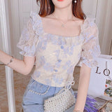 Summer Lace Floral Chiffon Blouse Women Designer Patchwork Korean Sweet Blouse Shirt Puff Sleeve Designer Casual Tops 2021