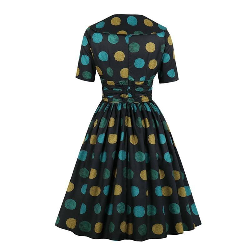 Multicolor Polka Dot High Waist Slim Vintage Summer Half Sleeve Pinup Retro Pleated Dress