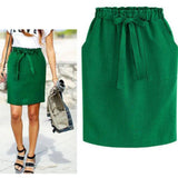 Women Elastic High Waist Pocket Skirt Cotton Linen Bodycon Skirts