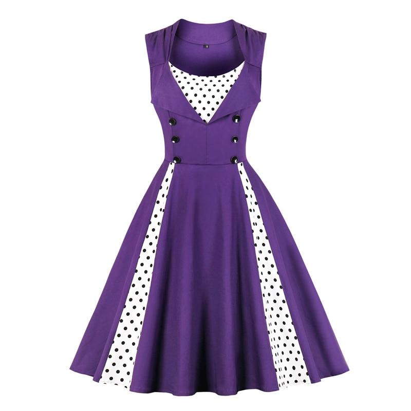 Purple Contrast Polka Dot Double Breasted High Waist Rockabilly Summer Cotton Plus Size Vintage Dress
