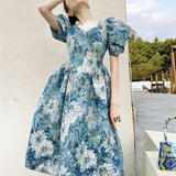 French Vintage Print Party Blue Dresses Women Korean Style Designer Sweet Cute Dress A-line Puff Sleeve Retro Dress Sunmmer