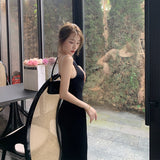 Fashion Women Maxi Black Dress Sexy Pearl Sling Sleeveless Dresses Knitted Backless Long Dress