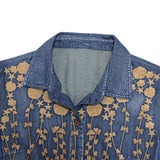 Spring Denim Floral Embroidery Long Women Vintage High Waist A-Line Dress Belt Streetwear