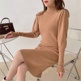 2021 Autumn Winter Fashion Sexy Half High Neck Women's Mini Knit Dress Casual Bodycon Solid Long Sleeve Ladies Dress