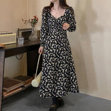 Women Vintage Floral Print Lace-Up Dress Square Collar Full Sleeve Female A-Line Dress Elegant Spring Vestidos