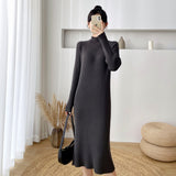 Women Casual Thicken Sweater Dress Half High Collar Full Sleeve Female Knitted Dress Midi Pullovers Jumper Dress