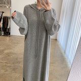 Winter Loose Casual Women Hooded Long Sleeve Midi Dress Side Slit Warm Knitted Sweatshirt Hoodie Dress